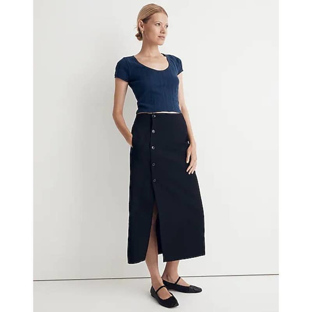 Madewell Button Front Black Midi Skirt Women's NWT Size 14 Linen Blend Side Slit